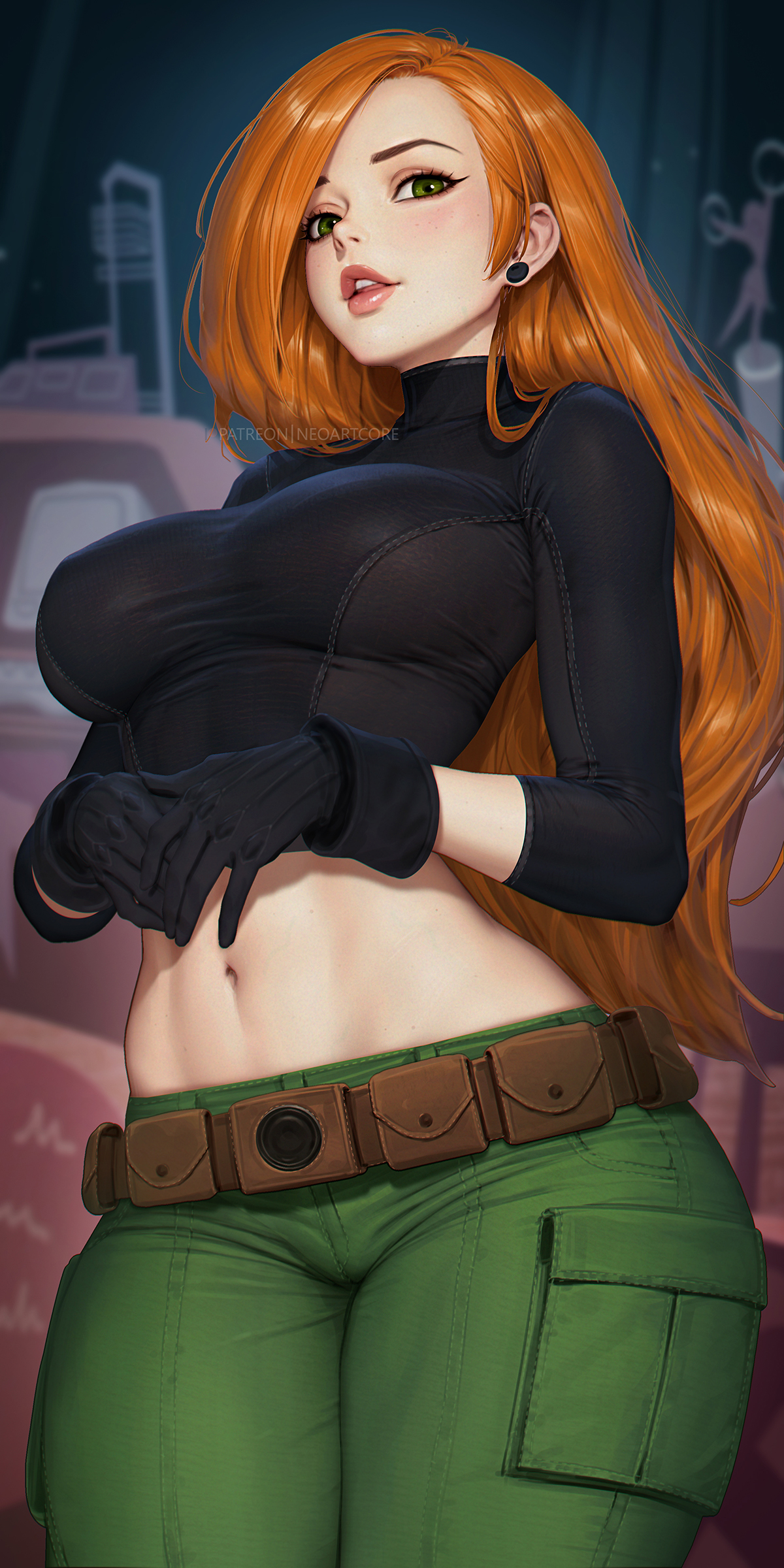 neoartcore, kim possible, kim possible (series), absurdres, highres, 1girl, belt, black gloves, black shirt, blurry, blurry background, breasts, earrings, gloves, green eyes, green pants, jewelry, long hair, navel, pants, parted lips, red hair, shirt, solo
