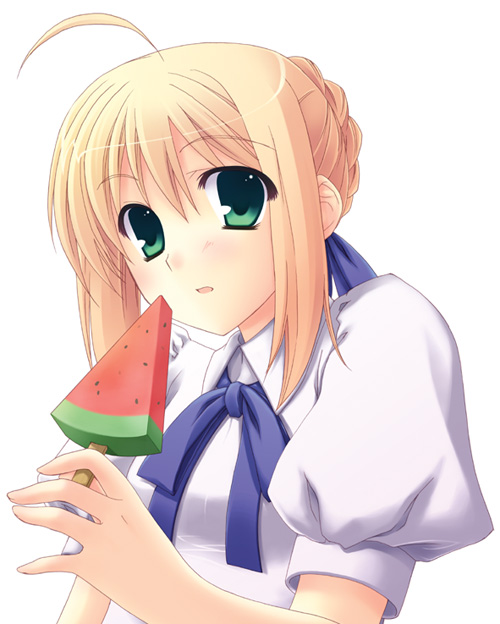 artoria pendragon (fate), saber (fate), fate/stay night, fate (series), 00s, 1girl, ahoge, blonde hair, blouse, braid, braided bun, female focus, food, fruit, green eyes, hair bun, popsicle, shirt, simple background, solo, watermelon, watermelon bar