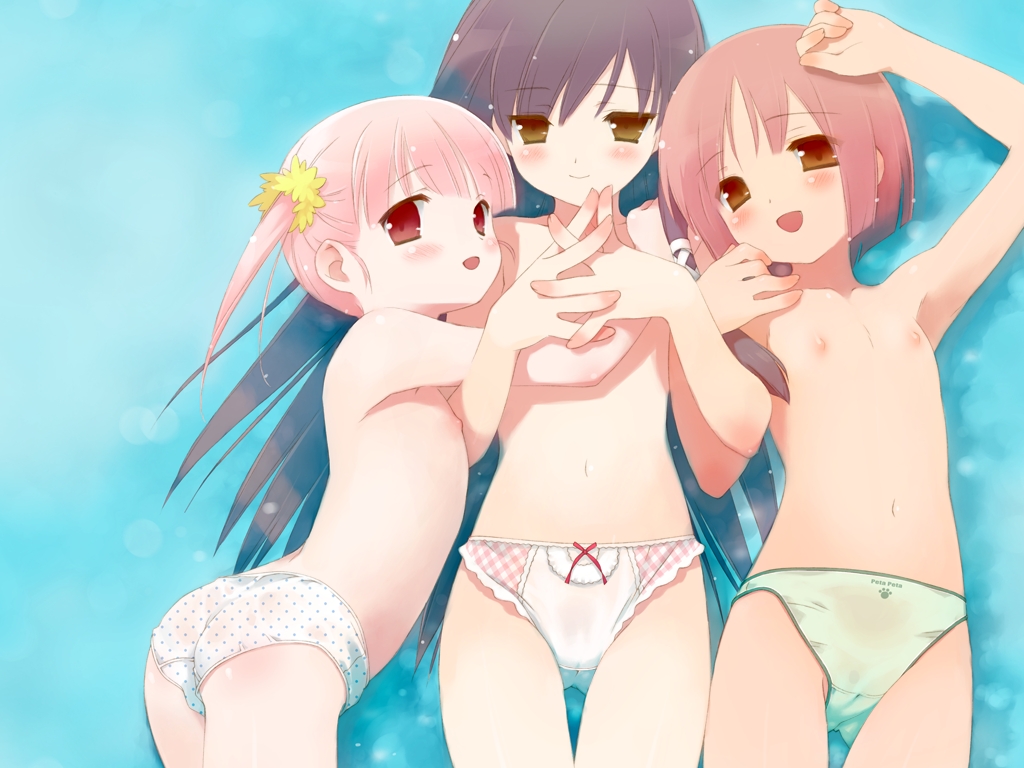 gayarou, akino momiji, kiriyama sakura, sera karen, sakura musubi, 3girls, black hair, blue polka dots, blush, bow, bow panties, cameltoe, clothes writing, flat chest, frilled panties, frills, green panties, kodomo doushi, loli, long hair, multiple girls, navel, nipples, panties, panty writing, paw panties, paw print, pink eyes, pink hair, plaid clothes, plaid panties, polka dot, polka dot panties, print panties, red bow, red eyes, red ribbon, ribbon, see-through clothes, short hair, thigh gap, thighs, topless female, underwear, underwear only, water, wet, wet clothes, white panties, yellow eyes, yuri