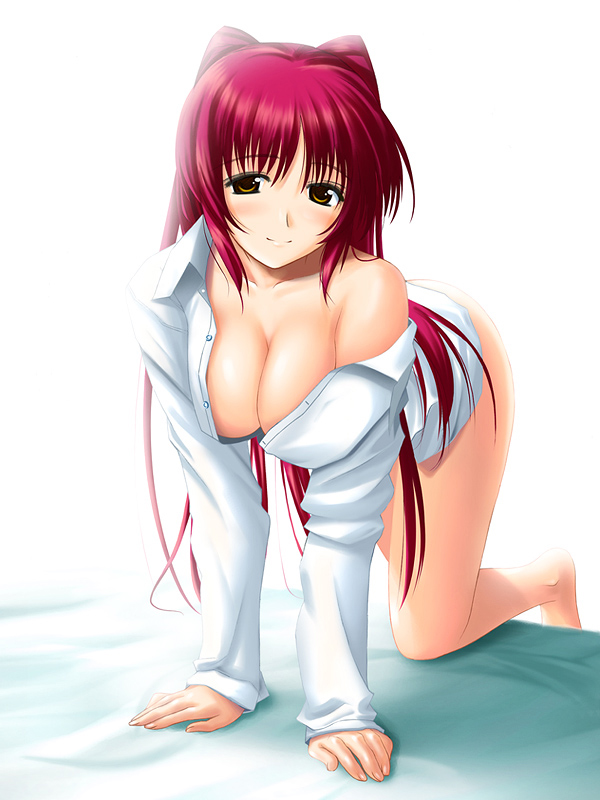 kousaka tamaki, to heart (series), to heart 2, 00s, 1girl, all fours, blush, bottomless, breasts, brown eyes, cleavage, dress shirt, female focus, kneeling, large breasts, long hair, no panties, open clothes, open shirt, red hair, shirt, solo