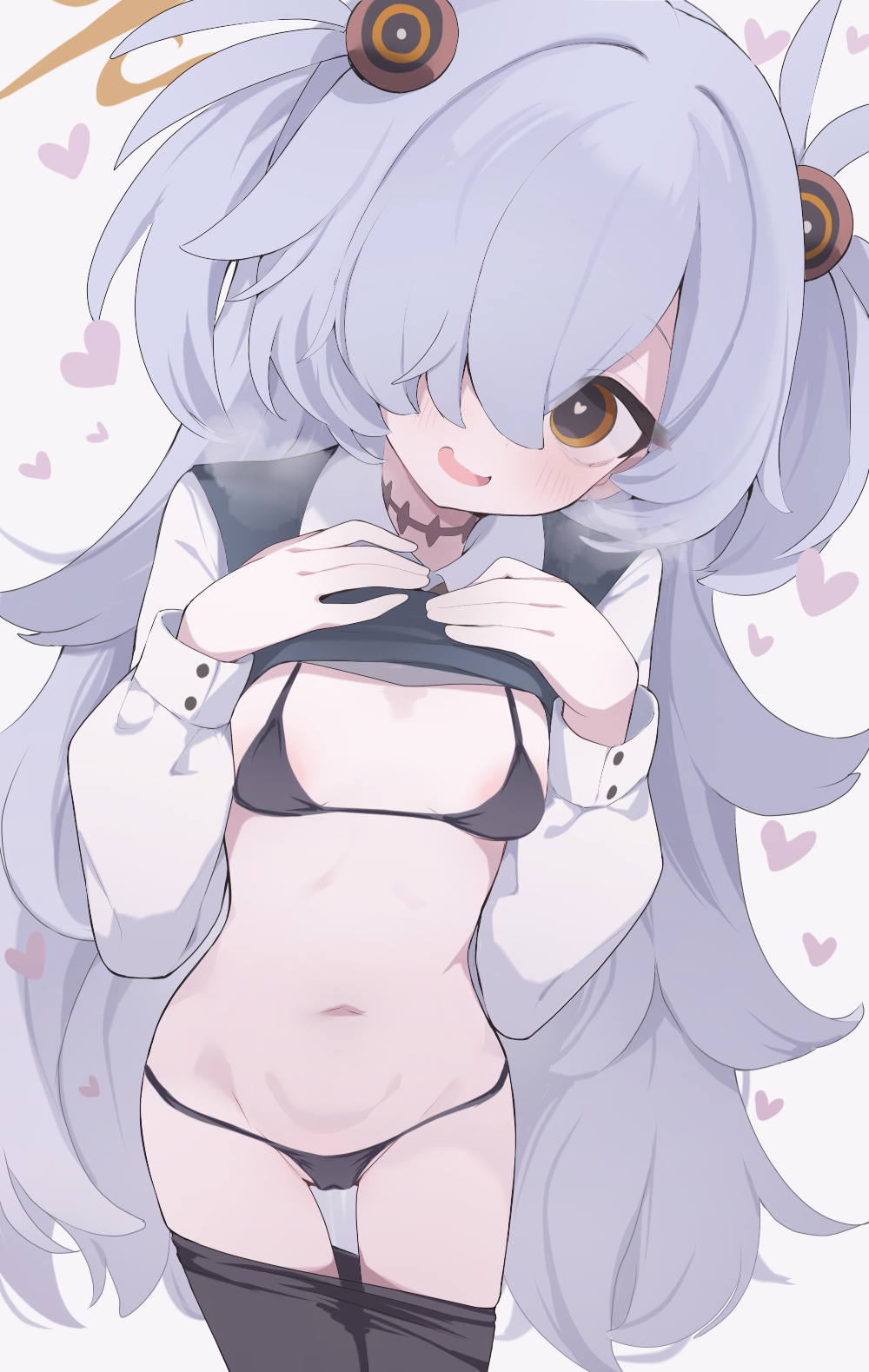 hone kawa, kanoe (blue archive), blue archive, highres, 1girl, breasts, grey hair, hair over one eye, halo, long hair, looking at viewer, navel, pantyhose, small breasts, solo