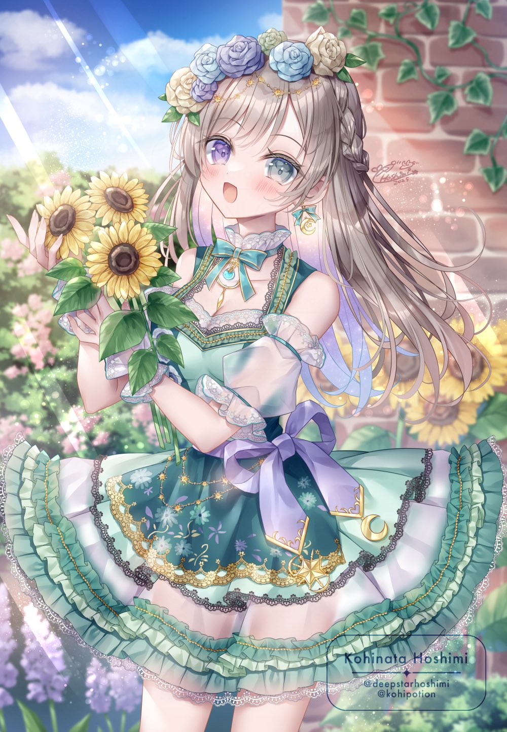 kohinata hoshimi, original, commission, highres, skeb commission, 1girl, bare shoulders, blue sky, blush, bouquet, bow, braid, breasts, brick wall, brown hair, cleavage, dress, earrings, flower, frills, garden, green dress, green eyes, hair between eyes, hair flower, hair ornament, heterochromia, holding, holding bouquet, jewelry, long hair, looking at viewer, medium breasts, open mouth, outdoors, plant, purple eyes, sky, smile, solo, sunflower