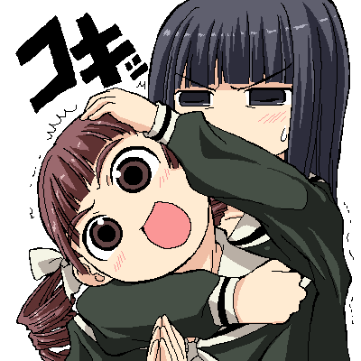 serebi ryousangata, matsudaira touko, nijou noriko, maria-sama ga miteru, lowres, translated, 00s, 2girls, :d, ^^^, annoyed, black hair, blunt bangs, brown hair, capelet, choke hold, drill hair, female focus, long hair, looking at viewer, multiple girls, neck snap, open mouth, school uniform, simple background, smile, strangling, twin drills, twintails, upper body