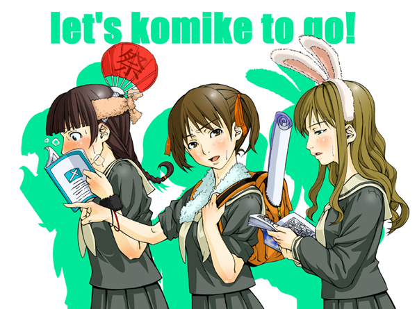 fukuzawa yumi, shimazu yoshino, toudou shimako, comiket, maria-sama ga miteru, 00s, animal ears, english text, engrish text, rabbit ears, ranguage