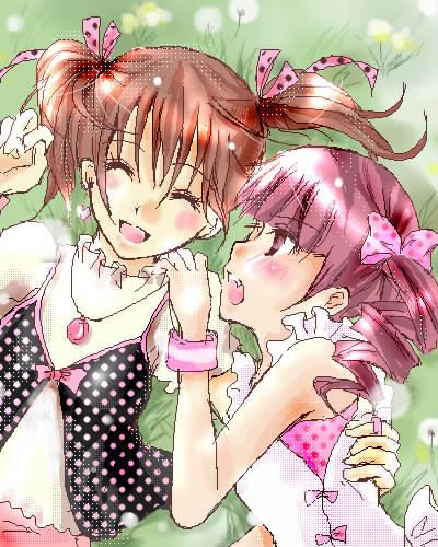 fukuzawa yumi, matsudaira touko, maria-sama ga miteru, lowres, 00s, 2girls, blouse, blush, bow, bracelet, brown hair, camisole, casual, closed eyes, dandelion, dandelion clock, drill hair, field, flower, frills, grass, hair ribbon, hug, jewelry, looking at another, lying, multiple girls, oekaki, outdoors, pendant, polka dot, purple hair, ribbon, shirt, short hair, short sleeves, sleeveless, smile, sparkle, twintails