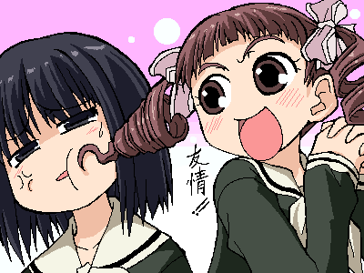 serebi ryousangata, matsudaira touko, nijou noriko, maria-sama ga miteru, lowres, translated, 00s, 2girls, annoyed, drill, drill hair, multiple girls, oekaki, own hands clasped, own hands together