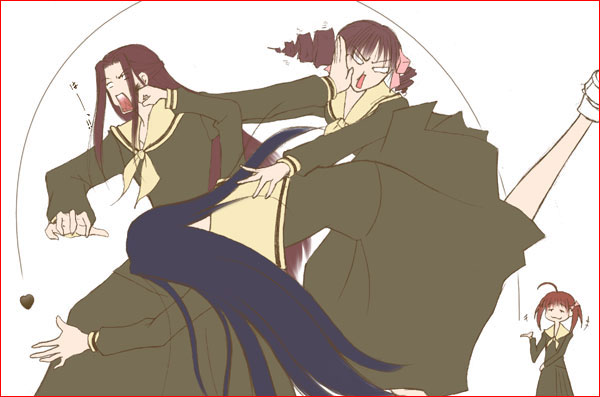 fukuzawa yumi, hosokawa kanako, matsudaira touko, ogasawara sachiko, maria-sama ga miteru, 00s, 4girls, :3, ahoge, balancing, battle, black hair, blowing kiss, brown hair, catfight, drill hair, fighting, flat color, floating hair, hair ribbon, heart, long hair, multiple girls, o o, punching, ribbon, school uniform, serafuku, short hair, slapping, tripping, troll face, twintails, very long hair