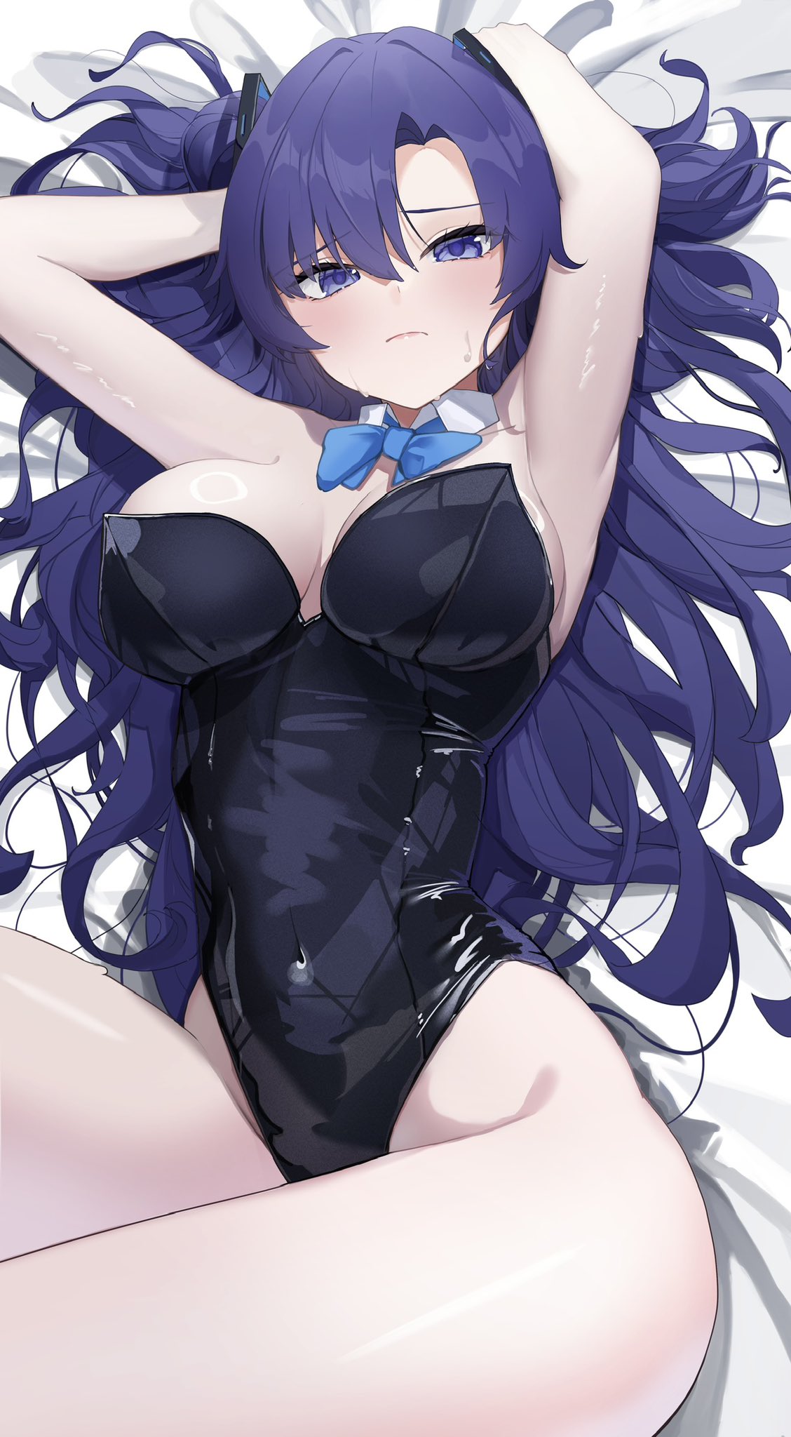 sukoyaka konbu, yuuka (blue archive), blue archive, highres, 1girl, black leotard, blue bow, blue bowtie, bow, bowtie, breasts, covered navel, detached collar, hair ornament, leotard, lying, medium breasts, on back, purple eyes, purple hair, solo, triangle hair ornament