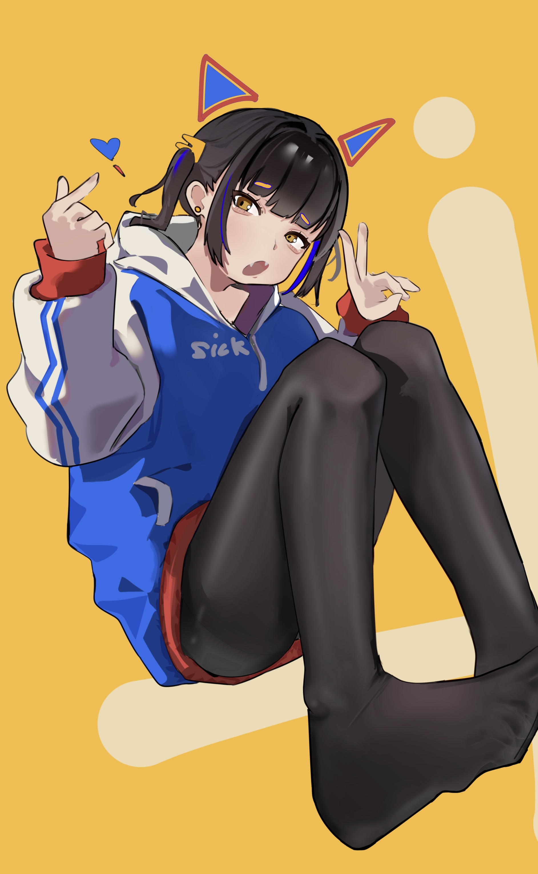 innosick, original, absurdres, highres, 1girl, animal ears, black pantyhose, brown hair, fake animal ears, feet, heart, heart hands, hood, hooded jacket, hoodie, jacket, looking at viewer, pantyhose, sitting, solo, v, yellow background, yellow eyes