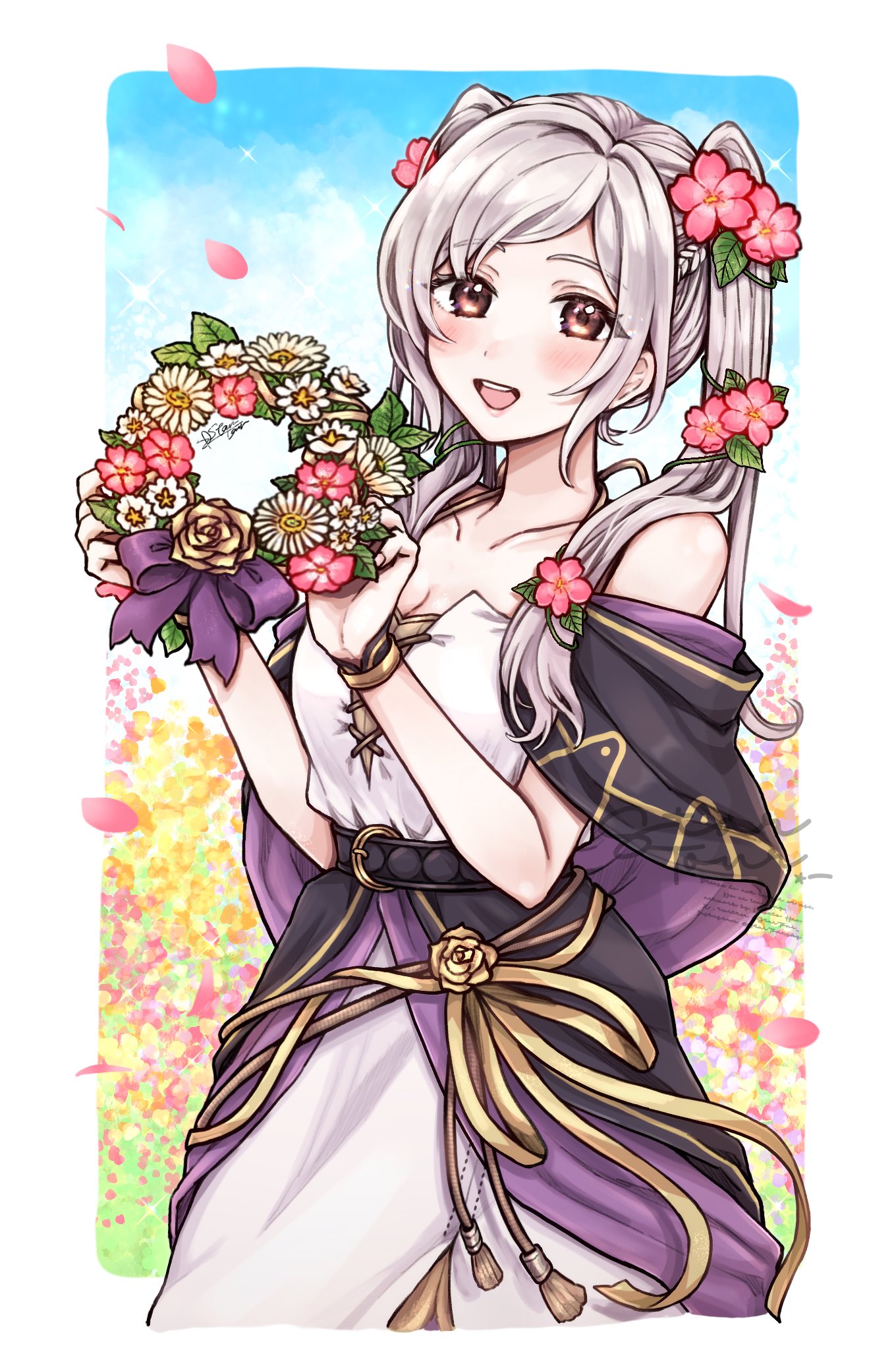 misato hao, female robin (fire emblem), female robin (valentine) (fire emblem), fire emblem, fire emblem awakening, fire emblem heroes, nintendo, highres, 1girl, bare shoulders, blush, breasts, brown eyes, cleavage, collarbone, dress, flower, grey hair, hair flower, hair ornament, head wreath, holding, holding wreath, long dress, long hair, looking at viewer, medium breasts, mermaid dress, official alternate costume, open mouth, outdoors, purple robe, robe, sleeveless, smile, solo, twintails, white hair