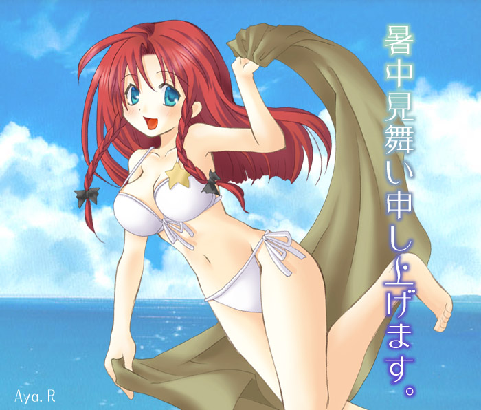 hong meiling, touhou, 1girl, bikini, blue eyes, bow, braid, cloud, day, female focus, hair bow, long hair, ocean, outdoors, red hair, side-tie bikini bottom, solo, star (symbol), swimsuit, towel, twin braids, water, white bikini