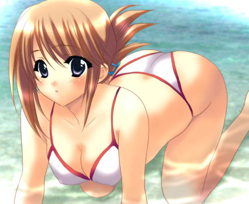 shindou mikeko, komaki manaka, to heart (series), to heart 2, lowres, 00s, 1girl, all fours, bad anatomy, bikini, blue eyes, breasts, brown hair, cleavage, covered erect nipples, female focus, folded ponytail, large breasts, poorly drawn, solo, swimsuit, water, white bikini