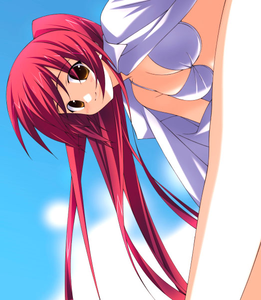 sakana (flame sakana), kousaka tamaki, to heart (series), to heart 2, 00s, 1girl, bikini, blush, brown eyes, day, female focus, leaning, long hair, red hair, sky, solo, swimsuit, white bikini