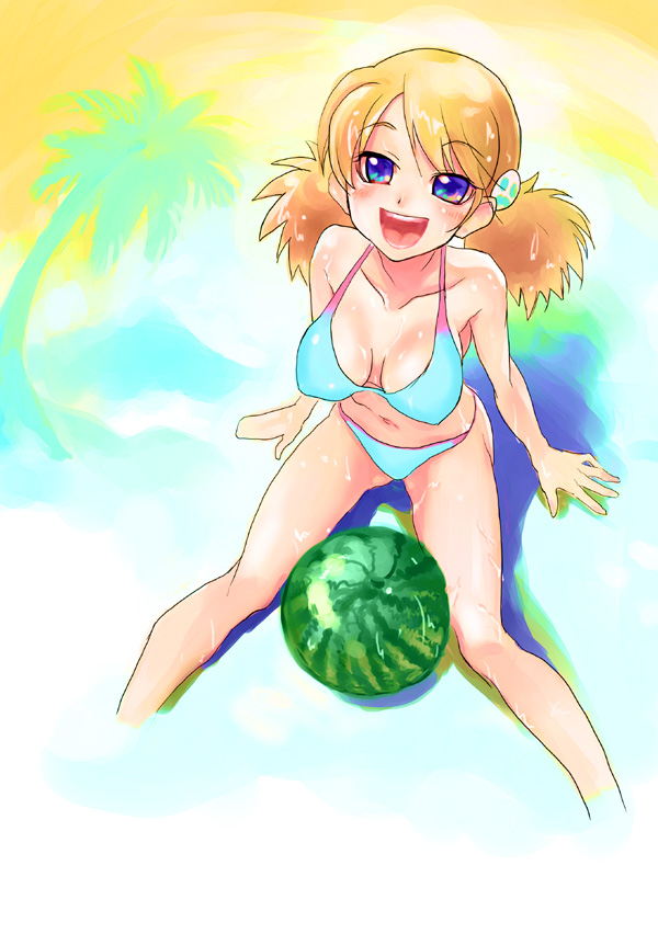 sasamori karin, to heart (series), to heart 2, 00s, 1girl, bikini, blonde hair, blue bikini, breasts, female focus, food, fruit, medium breasts, purple eyes, solo, swimsuit, watermelon