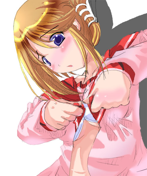 kaneru 2, komaki manaka, to heart (series), to heart 2, 00s, 1girl, blush, bra, female focus, folded ponytail, lingerie, open clothes, open shirt, school uniform, serafuku, shirt, solo, underwear