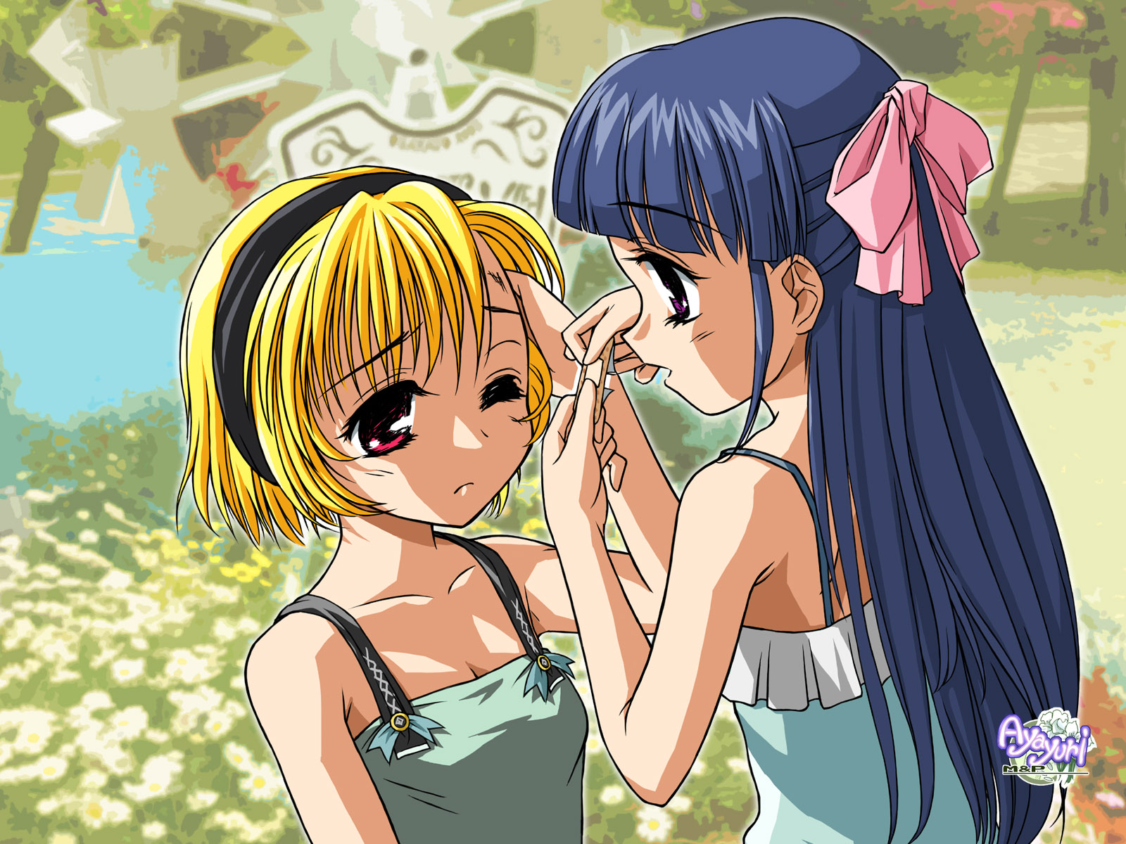 mizuki yurine, furude rika, houjou satoko, higurashi no naku koro ni, highres, 00s, 2girls, bandaid, blonde hair, blue hair, bow, dress, hair bow, hairband, long hair, multiple girls, pink bow, short hair, sundress