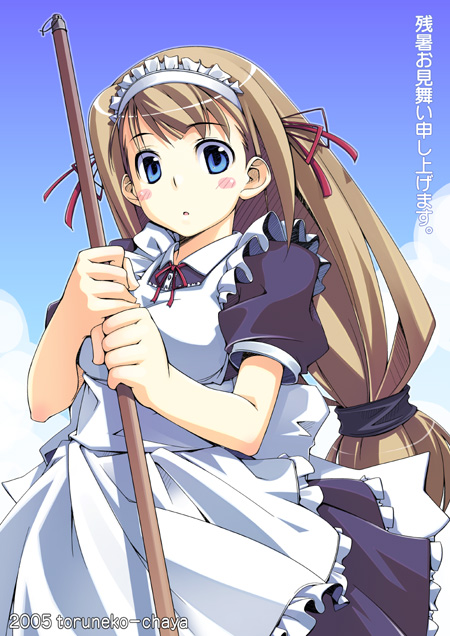 toruneko, original, 1girl, broom, day, female focus, long hair, low-tied long hair, maid, outdoors, sky, solo