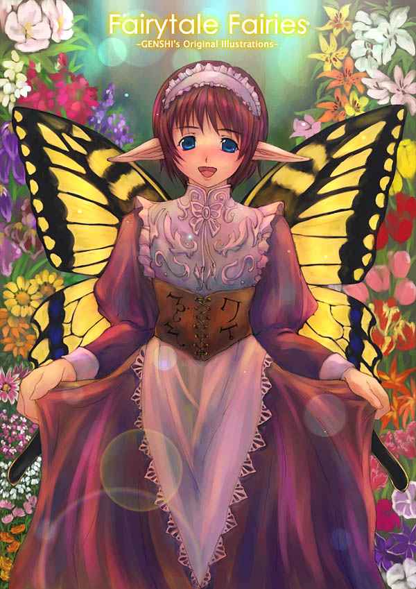 genshi, original, 1girl, apron, butterfly wings, clothes lift, dress, dress lift, fairy, fantasy, female focus, insect wings, lace-trimmed apron, lace trim, maid, pointy ears, skirt hold, solo, wings