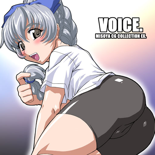 kaen miso, misoya, teletha testarossa, full metal panic!, silver hair, 00s, 1girl, ass, bike shorts, blush, braid, cameltoe, female focus, gradient background, holding, holding own hair, long hair, open mouth, solo, thighs