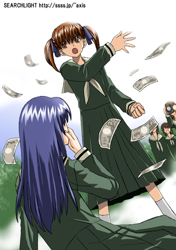 midori (searchlight), fukuzawa yumi, ogasawara sachiko, maria-sama ga miteru, lowres, 00s, 2girls, camera, money, multiple girls, rejection, school uniform, serafuku, short twintails, tears, twintails