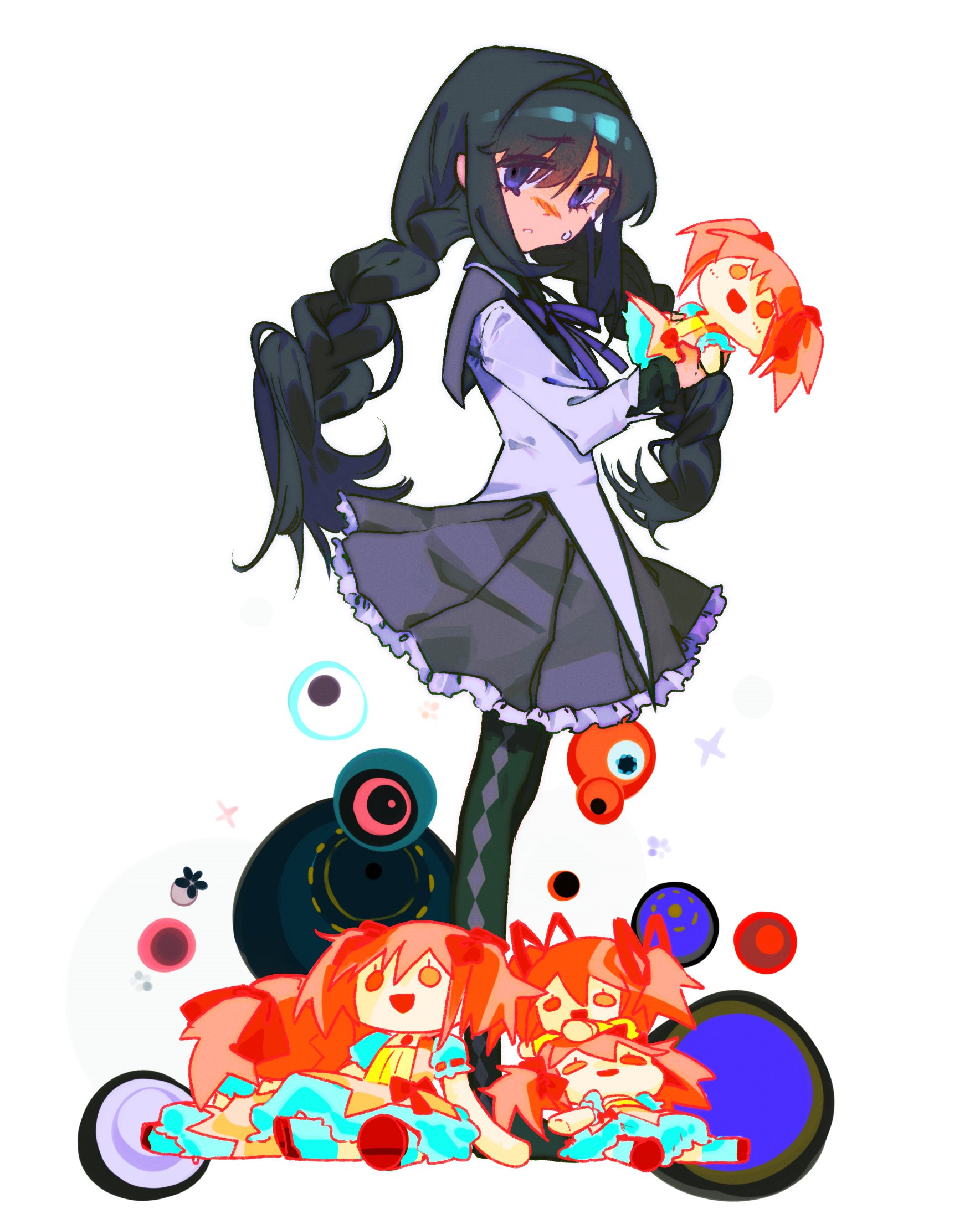 rainyy, akemi homura, akemi homura (magical girl), kaname madoka, mahou shoujo madoka magica, mahou shoujo madoka magica (anime), highres, argyle clothes, argyle footwear, black hair, black headband, bow, bowtie, braid, character doll, collared capelet, doll, frilled skirt, frills, grey skirt, headband, holding, holding doll, long hair, looking at viewer, low twin braids, pantyhose, purple bow, purple bowtie, purple eyes, sad, skirt, tears, twin braids, white background