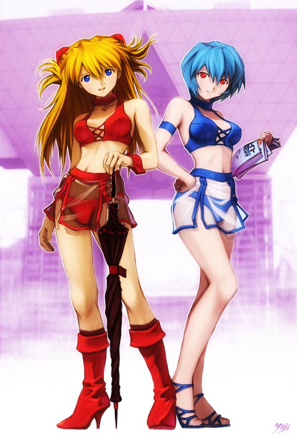 kobayashi yuji, ayanami rei, souryuu asuka langley, neon genesis evangelion, tokyo big sight, bad tag, 2girls, armband, bigsight, bikini, blue eyes, blue hair, boots, breasts, campaign girl, choker, closed umbrella, cosplay, covered erect nipples, hand on own hip, high heels, long hair, medium breasts, midriff, miniskirt, multiple girls, orange hair, race queen, red eyes, red hair, see-through clothes, shoes, short hair, skirt, smile, standing, swimsuit, umbrella