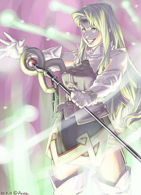 azusa (hws), mystina (valkyrie profile), valkyrie profile (series), 00s, 1girl, 2005, aura, blonde hair, breasts, dated, elbow gloves, female focus, gloves, grin, magic, skirt, smile, solo, staff, thighhighs, tiara