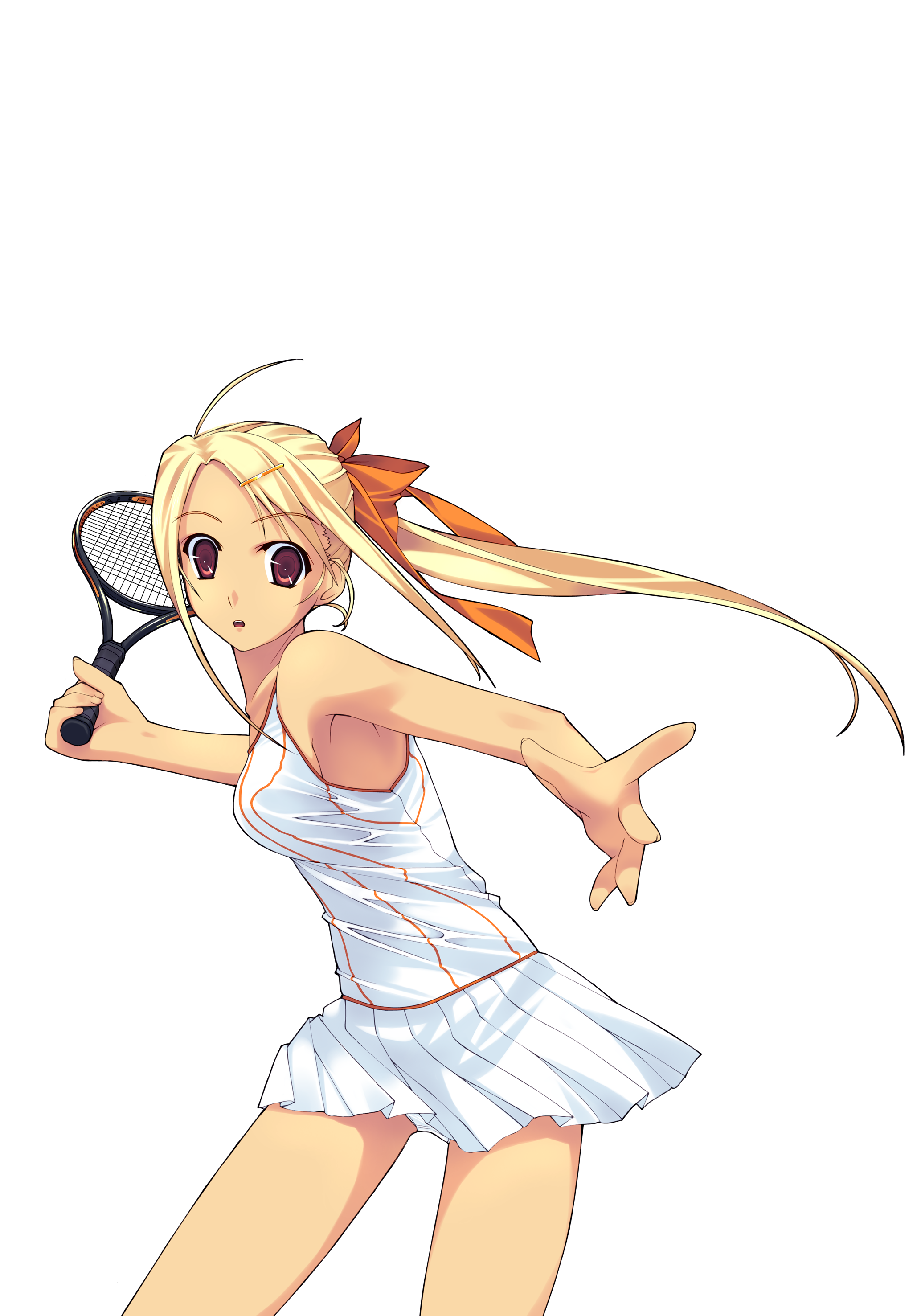 murakami suigun, f-ism, original, absurdres, highres, 1girl, blonde hair, female focus, racket, red eyes, solo, tennis, tennis dress, tennis racket