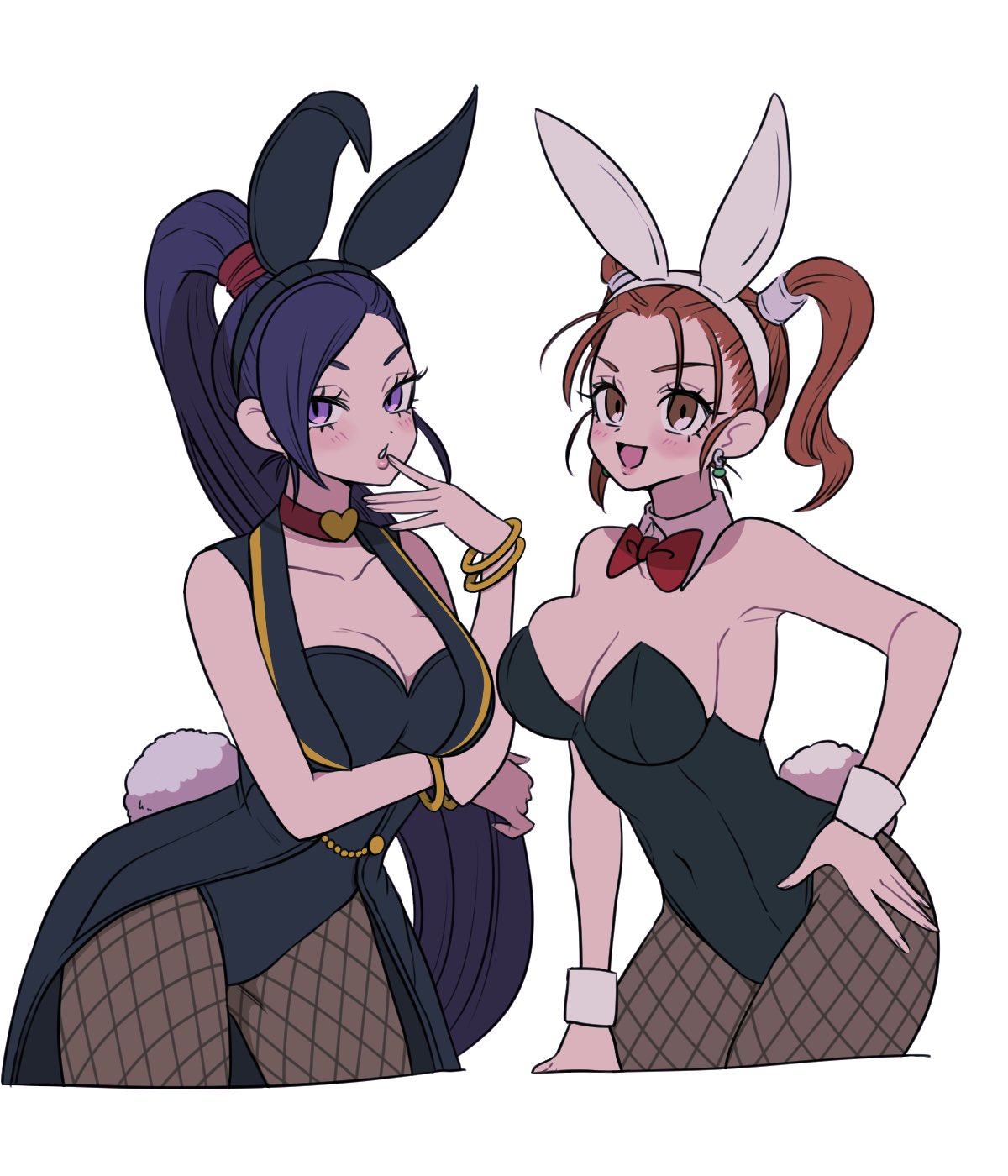 jessica albert, martina (dq11), dragon quest, dragon quest viii, dragon quest xi, commentary request, highres, 2girls, animal ears, bare shoulders, black leotard, black pantyhose, blush, breasts, brown eyes, bunny day, cleavage, dq yukiyuki, fake animal ears, fake tail, fishnet pantyhose, fishnets, large breasts, leotard, long hair, looking at viewer, multiple girls, official alternate costume, open mouth, orange hair, pantyhose, playboy bunny, ponytail, purple eyes, purple hair, rabbit ears, simple background, smile, strapless, strapless leotard, tail, twintails, white background