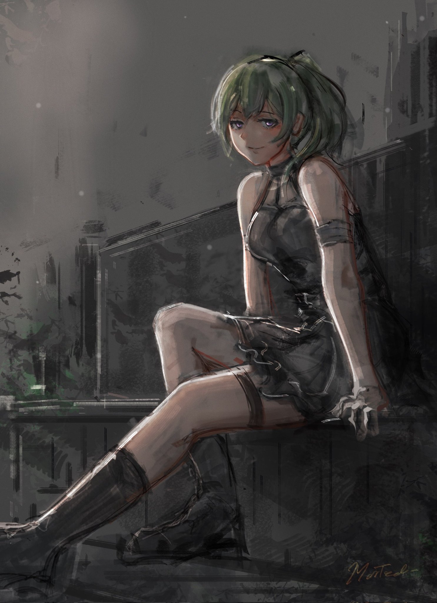 ubel (sousou no frieren), sousou no frieren, commentary, highres, 1girl, arm strap, black dress, closed mouth, dress, from side, full body, green hair, looking at viewer, medium hair, morted art, painterly, pleated dress, purple eyes, signature, sitting, sleeveless, sleeveless dress, solo