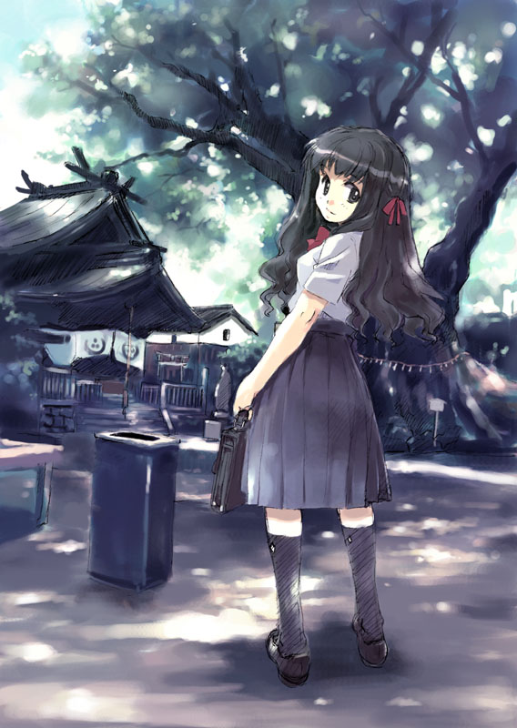 matsumoto noriyuki, original, 1girl, bag, black eyes, black hair, day, female focus, from behind, hair ornament, hair ribbon, kneehighs, long hair, looking back, outdoors, pleated skirt, real world location, ribbon, rope, school bag, school uniform, serafuku, shide, shimenawa, shoes, shrine, skirt, smile, socks, solo