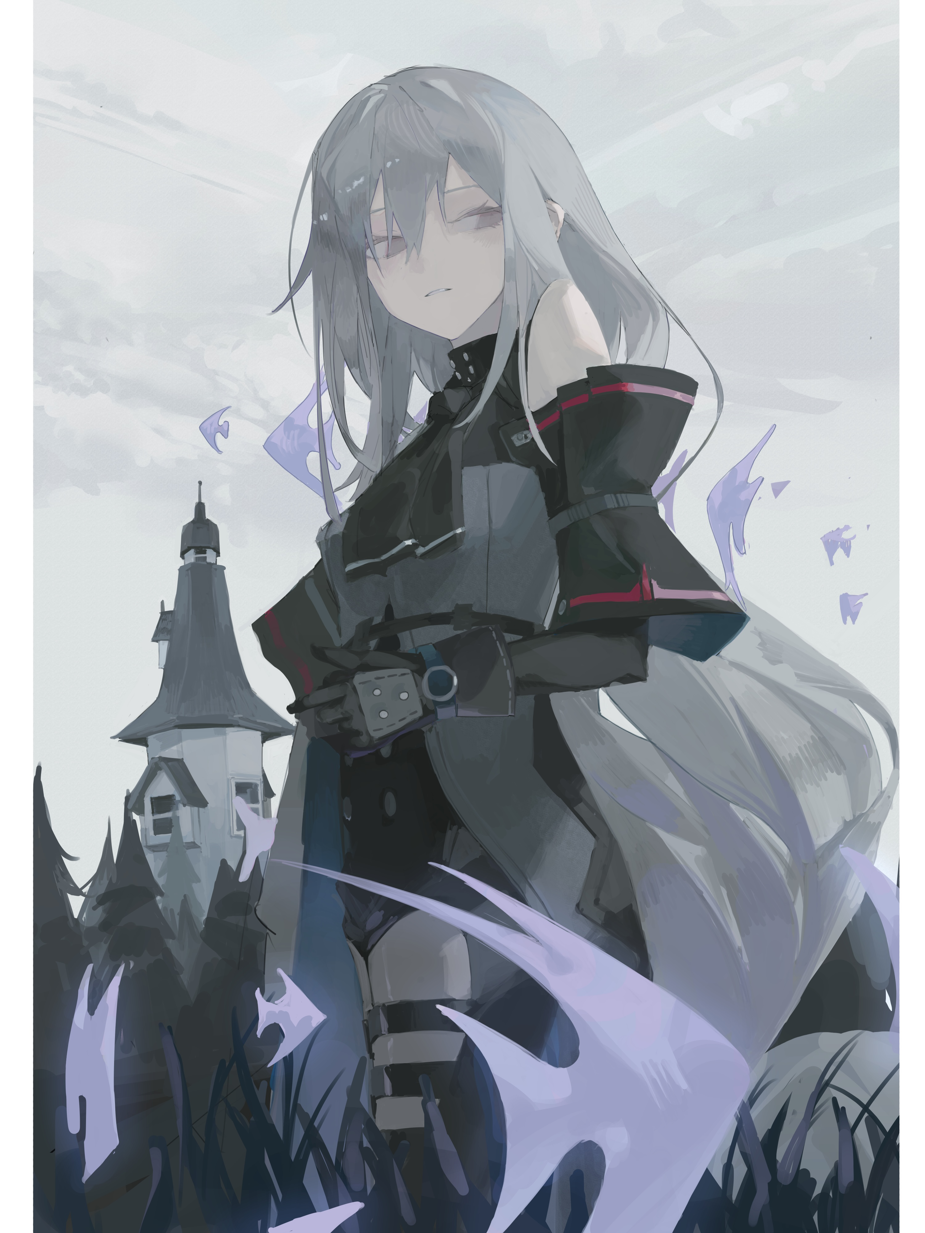 ay4 la, skadi (arknights), skadi (elite ii) (arknights), arknights, absurdres, commentary, highres, 1girl, angelfish, arm cuffs, ascot, bare shoulders, black ascot, black chaps, black gloves, black pants, black shirt, breasts, building, chaps, clothing cutout, cloud, cloudy sky, cowboy shot, detached sleeves, fish, flying fish, gloves, grass, grey hair, hair between eyes, long hair, long sleeves, looking to the side, low-tied long hair, no headwear, pants, parted lips, pillarboxed, pine tree, red eyes, scenery, shirt, sky, solo, standing, thigh cutout, tower, tree, tropical fish, very long hair, window