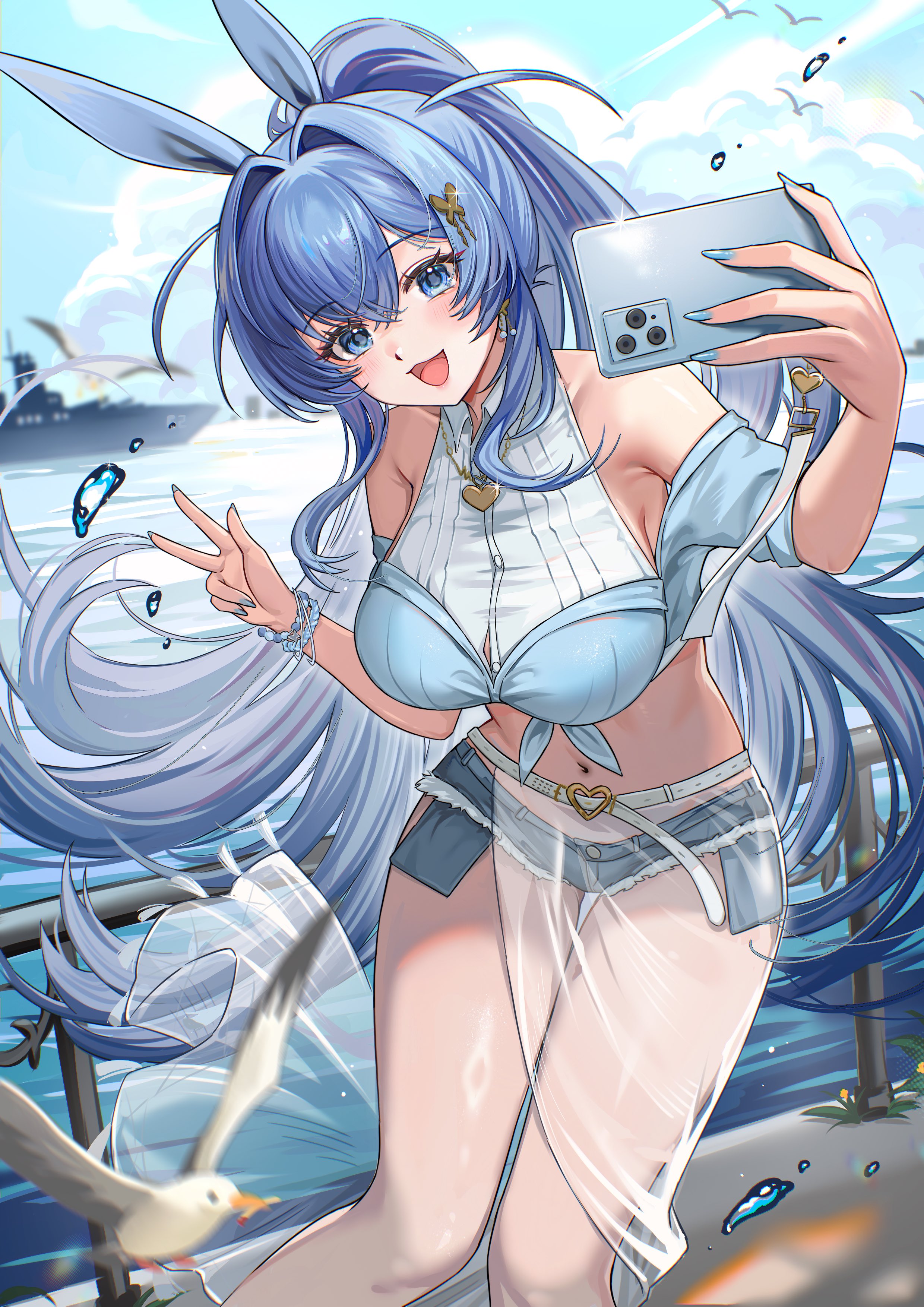 ariko (aaaaarik), new jersey (azur lane), new jersey (private quarters) (azur lane), azur lane, absurdres, commentary, english commentary, highres, 1girl, animal ears, armpit crease, bare shoulders, belt, bird, blue eyes, blue hair, blue nails, blue shirt, blue shorts, boat, breasts, butterfly hair ornament, button gap, cellphone, collared shirt, crop top, cutoffs, denim, denim shorts, exposed pocket, fake animal ears, front-tie top, hair intakes, hair ornament, hand up, heart, heart necklace, holding, holding phone, jewelry, large breasts, long hair, looking at viewer, micro shorts, midriff, nail polish, navel, necklace, ocean, off shoulder, official alternate costume, on boat, open mouth, phone, ponytail, see-through clothes, see-through skirt, selfie, shirt, short sleeves, shorts, skirt, sleeveless, sleeveless shirt, smartphone, smile, solo, stomach, thighs, v, very long hair, watercraft, white shirt