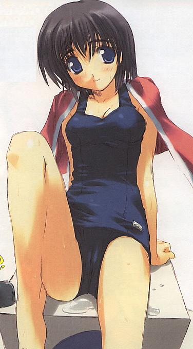original, artist request, 1girl, arm support, barefoot, black hair, black one-piece swimsuit, blue eyes, blush, breasts, cameltoe, cleavage, female focus, leg up, one-piece swimsuit, reclining, school swimsuit, short hair, sitting, smile, solo, swimsuit, towel, wet