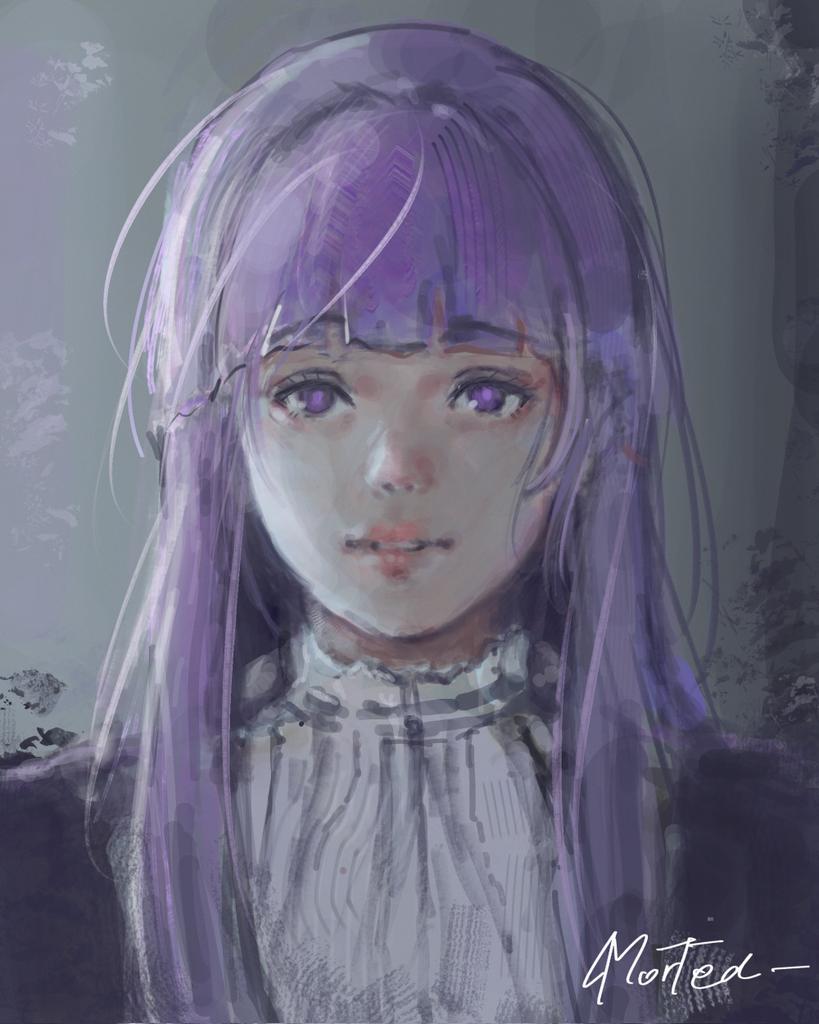 fern (sousou no frieren), sousou no frieren, commentary, 1girl, blunt bangs, lips, long hair, looking at viewer, morted art, painterly, parted lips, portrait, purple eyes, purple hair, signature, solo, straight hair
