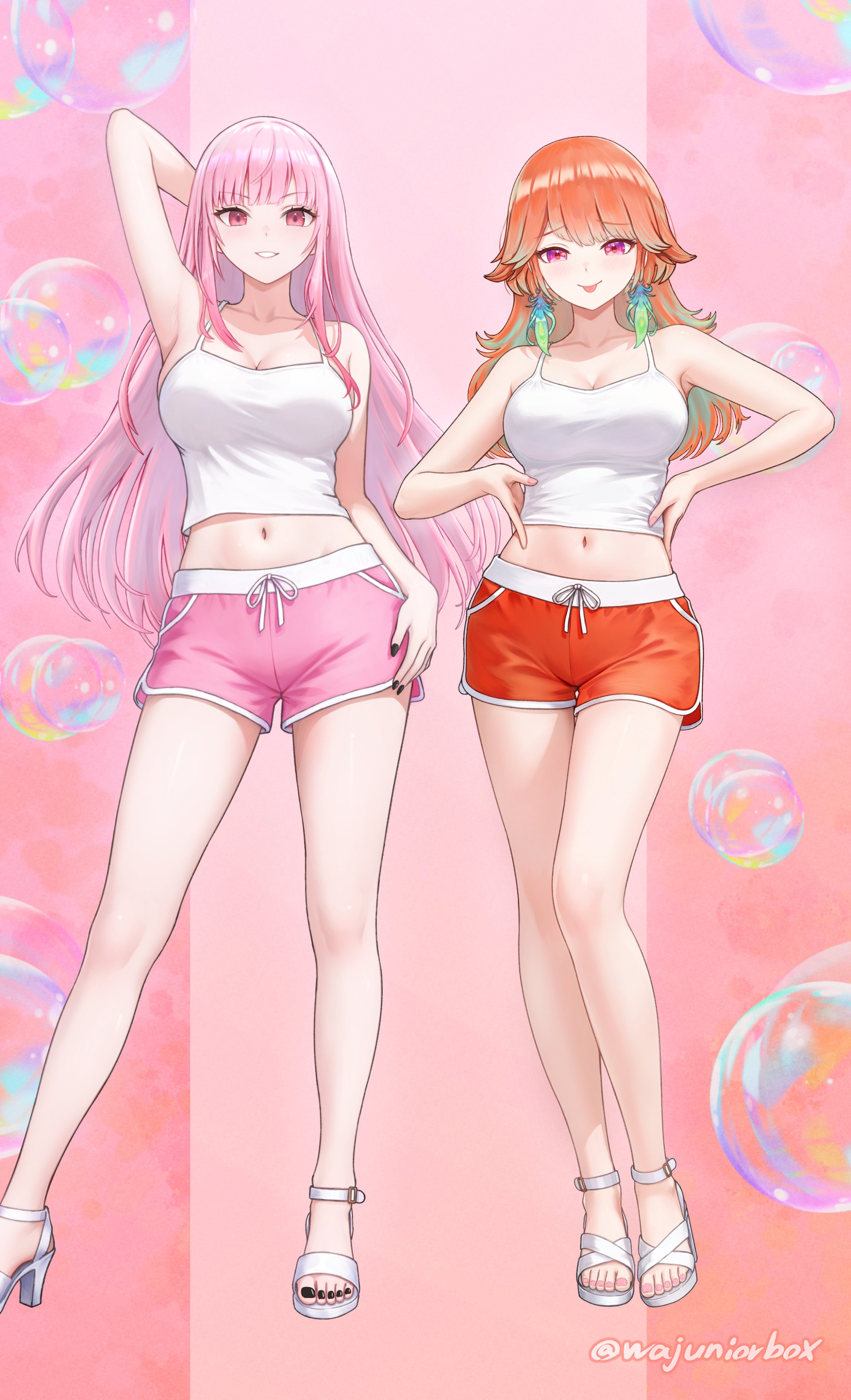 wajuniorbox, mori calliope, takanashi kiara, hololive, hololive english, absurdres, highres, 2girls, alternate costume, blush, breasts, earrings, feather earrings, feathers, gradient hair, green hair, jewelry, large breasts, long hair, looking at viewer, multicolored hair, multiple girls, open mouth, orange hair, pink hair, purple eyes, smile, virtual youtuber