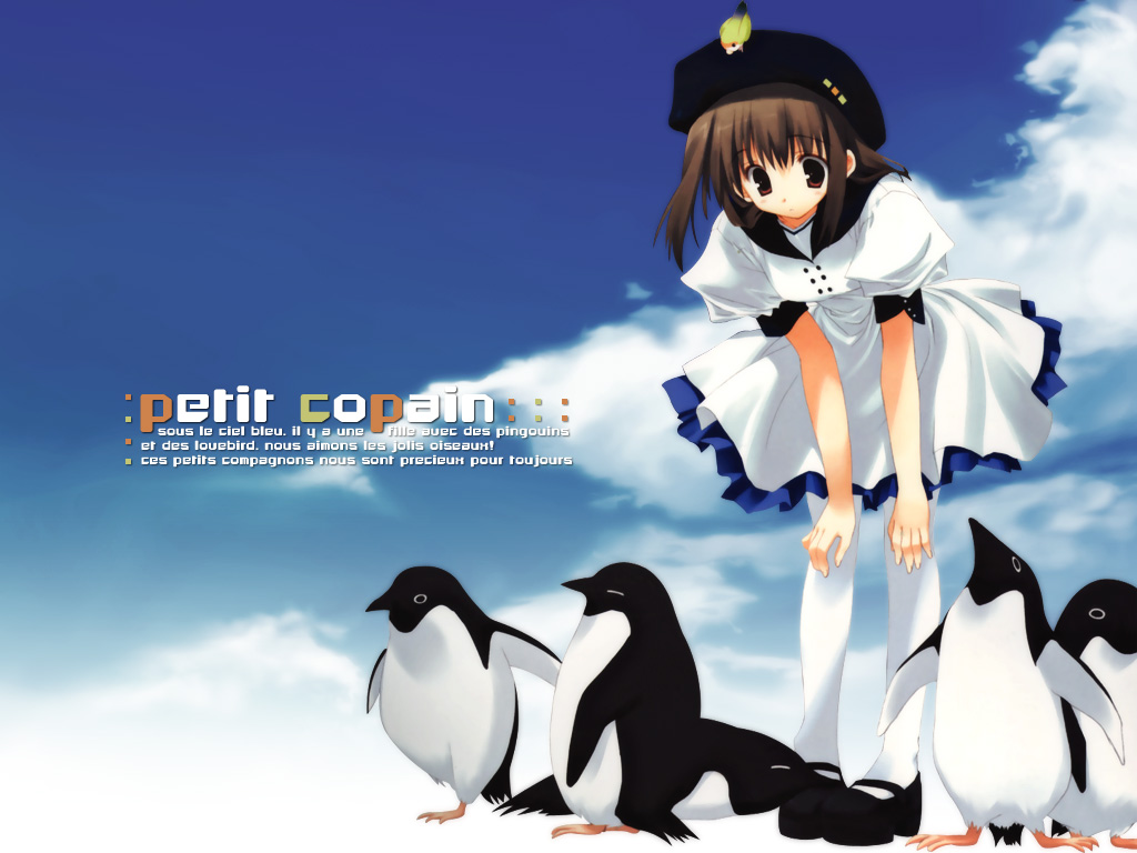 mitsumi misato, original, translated, 1girl, animal, animal on head, bird, bird on head, black shoes, brown hair, day, female focus, french text, hat, lovebird, on head, penguin, shoes, sky, solo, standing