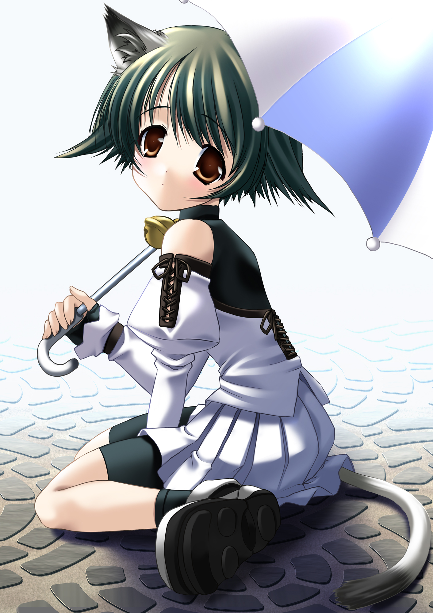 hagure keg, highres, 1girl, animal ear fluff, animal ears, cat ears, cat tail, female focus, short hair, sitting, solo, tail, umbrella