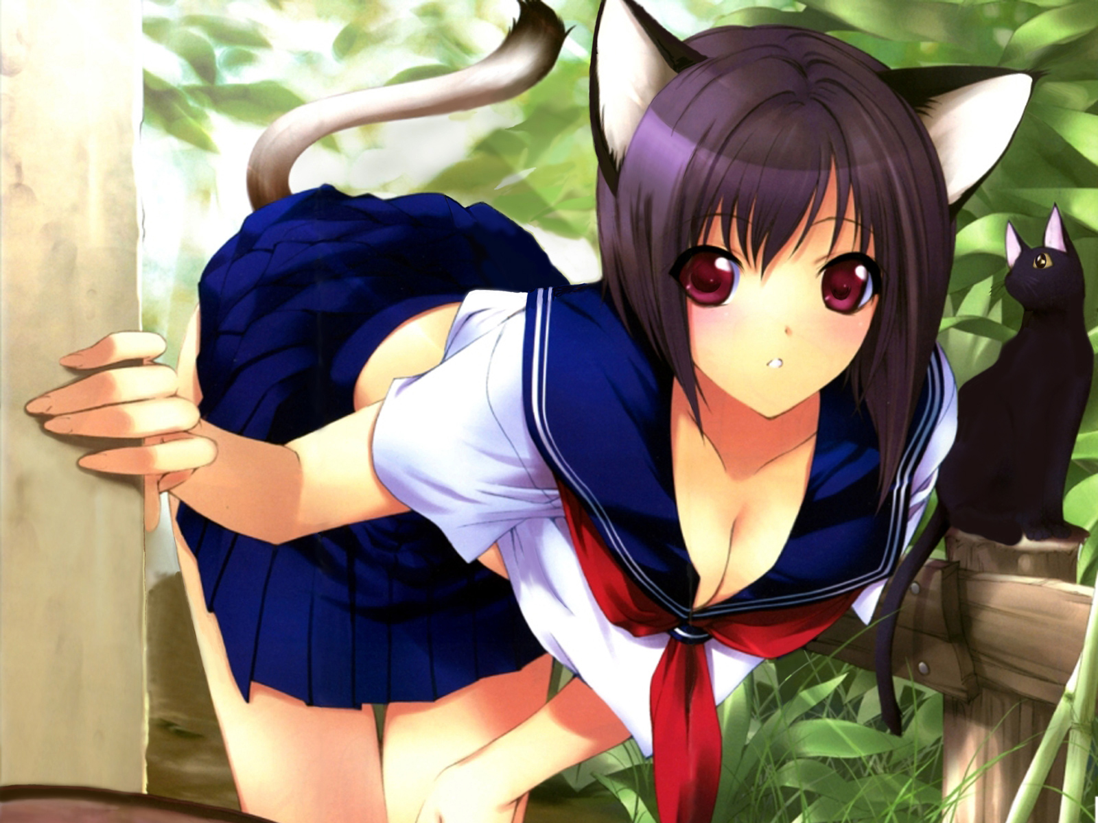 iizuki tasuku, highres, 1girl, animal ears, breasts, cat, cat ears, cat tail, cleavage, day, female focus, outdoors, pleated skirt, school uniform, serafuku, skirt, solo, tail