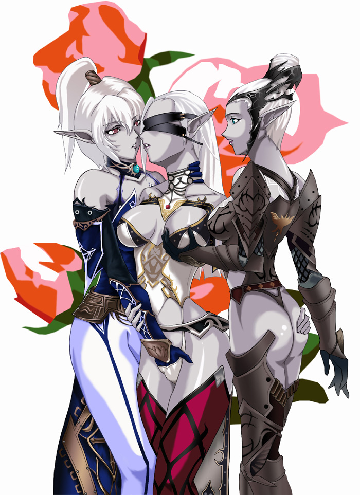 dark elf (lineage 2), lineage, lineage 2, 3girls, ass, bdsm, black panties, black thighhighs, blindfold, blue eyes, bondage, boots, bound, breasts, colored skin, dark-skinned female, dark elf, dark skin, elf, femdom, fingering, grabbing another's ass, grabbing another's breast, grey skin, groping, hand in panties, highleg, highleg panties, large breasts, long hair, multigrope, multiple girls, panties, pointy ears, red eyes, thigh boots, thighhighs, thong, underwear, white hair, white panties, yuri