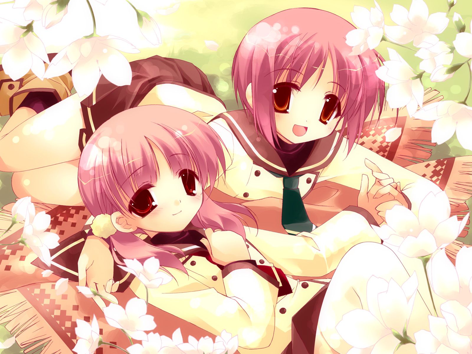minazuki haruka, akino momiji, kiriyama sakura, sakura musubi, highres, 2girls, blush, cherry blossoms, flower, hand on own chest, holding hands, long hair, looking at viewer, lying, miniskirt, multiple girls, necktie, outdoors, petals, pink hair, red eyes, school uniform, serafuku, short hair, skirt, smile, twintails