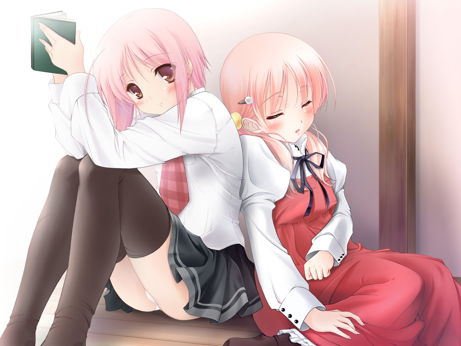 komori kei, akino momiji, kiriyama sakura, sakura musubi, highres, 2girls, back-to-back, black thighhighs, blouse, book, bow, brown eyes, closed eyes, dress, dress shirt, hair ornament, hairclip, leaning, long hair, miniskirt, multiple girls, necktie, panties, pantyshot, pink hair, red hair, school uniform, serafuku, shirt, short hair, sitting, skirt, sleeping, thighhighs, underwear, white panties, zettai ryouiki