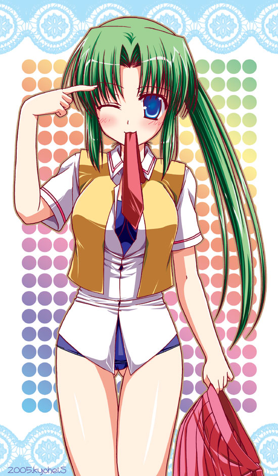 shigemiya kyouhei, sonozaki mion, higurashi no naku koro ni, 00s, 1girl, blue eyes, blue one-piece swimsuit, blush, female focus, green hair, holding, holding unworn clothes, holding unworn skirt, long hair, mouth hold, no pants, one-piece swimsuit, one eye closed, school swimsuit, skirt, solo, swimsuit, swimsuit under clothes, undressing, unworn skirt, wink