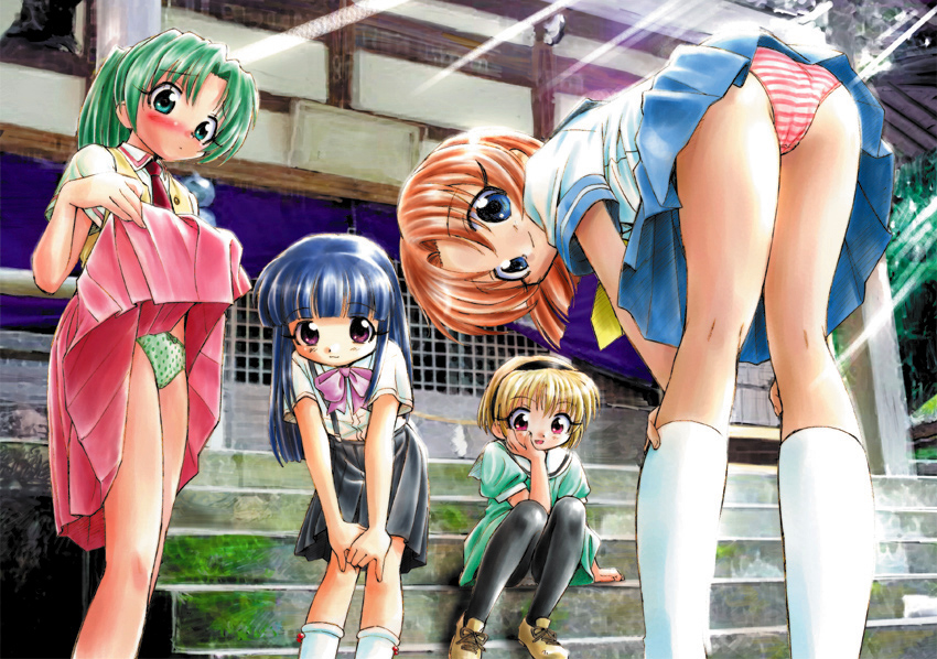 unno hotaru, furude rika, houjou satoko, ryuuguu rena, sonozaki mion, higurashi no naku koro ni, 00s, 4girls, ass, bent over, black socks, blonde hair, blue eyes, blue hair, blush, bow, brown eyes, brown hair, clothes lift, dress, dress shirt, female focus, green eyes, green hair, green panties, hairband, kneehighs, kneepits, leaning forward, lifting own clothes, loli, miniskirt, multiple girls, necktie, panties, panties under pantyhose, pantyhose, pantyshot, pinafore dress, pleated skirt, polka dot, polka dot panties, purple eyes, red panties, school uniform, serafuku, shirt, shoes, sitting, sitting on stairs, skirt, skirt lift, sleeveless, sleeveless dress, socks, stairs, standing, striped clothes, striped panties, underwear, upskirt, vest