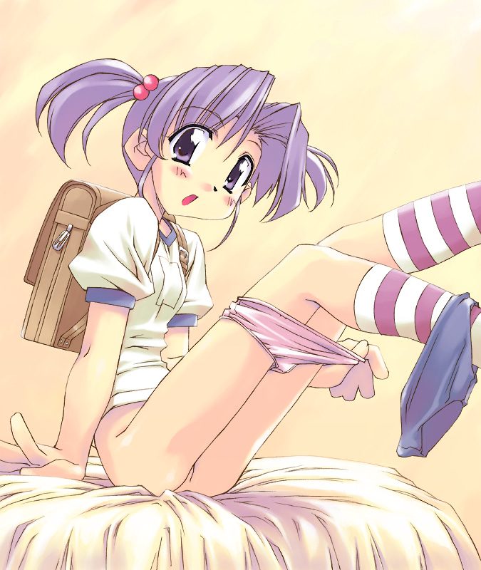 artist request, bad source, character request, copyright request, 1girl, backpack, bag, blue eyes, blue hair, blush, buruma, buruma around leg, female focus, gym shirt, gym uniform, hair bobbles, hair ornament, legs up, matching hair/eyes, panties, panty pull, randoseru, shirt, short sleeves, short twintails, sitting, socks, solo, striped clothes, striped panties, striped socks, thighhighs, twintails, underwear, white panties, white shirt