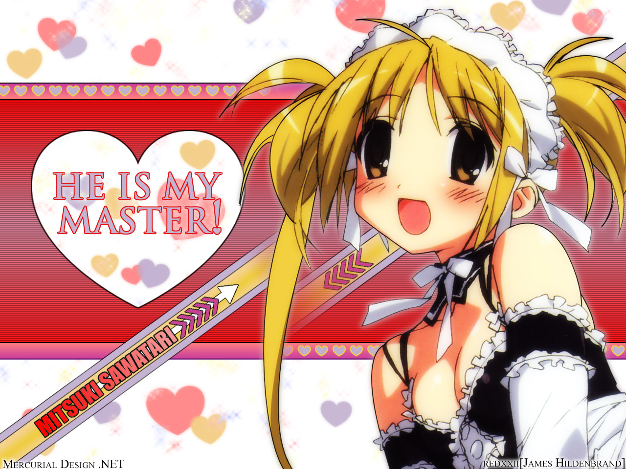 sawatari mitsuki, kore ga watashi no goshujin-sama, 00s, 1girl, arm garter, arrow (symbol), bare shoulders, blonde hair, blush, breasts, brown eyes, character name, cleavage, copyright name, detached collar, elbow gloves, female focus, gloves, heart, long hair, looking at viewer, maid, maid headdress, nakabayashi yoshitaka's maid uniform, no bra, small breasts, smile, solo, twintails, white gloves