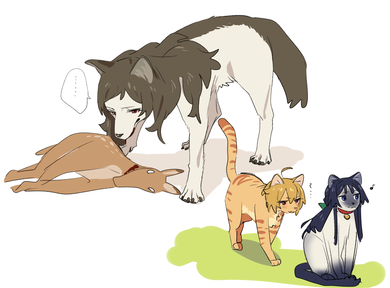 yomosaka, ibuki tsubasa, kitazawa shiho, mogami shizuka, idolmaster, idolmaster million live!, …, ahoge, animal, animal collar, animal focus, animalization, black hair, blonde hair, blue eyes, brown hair, cat, collar, dead animal, deer, long hair, no humans, short hair, simple background, sitting, speech bubble, spoken ellipsis, standing, white background, wolf