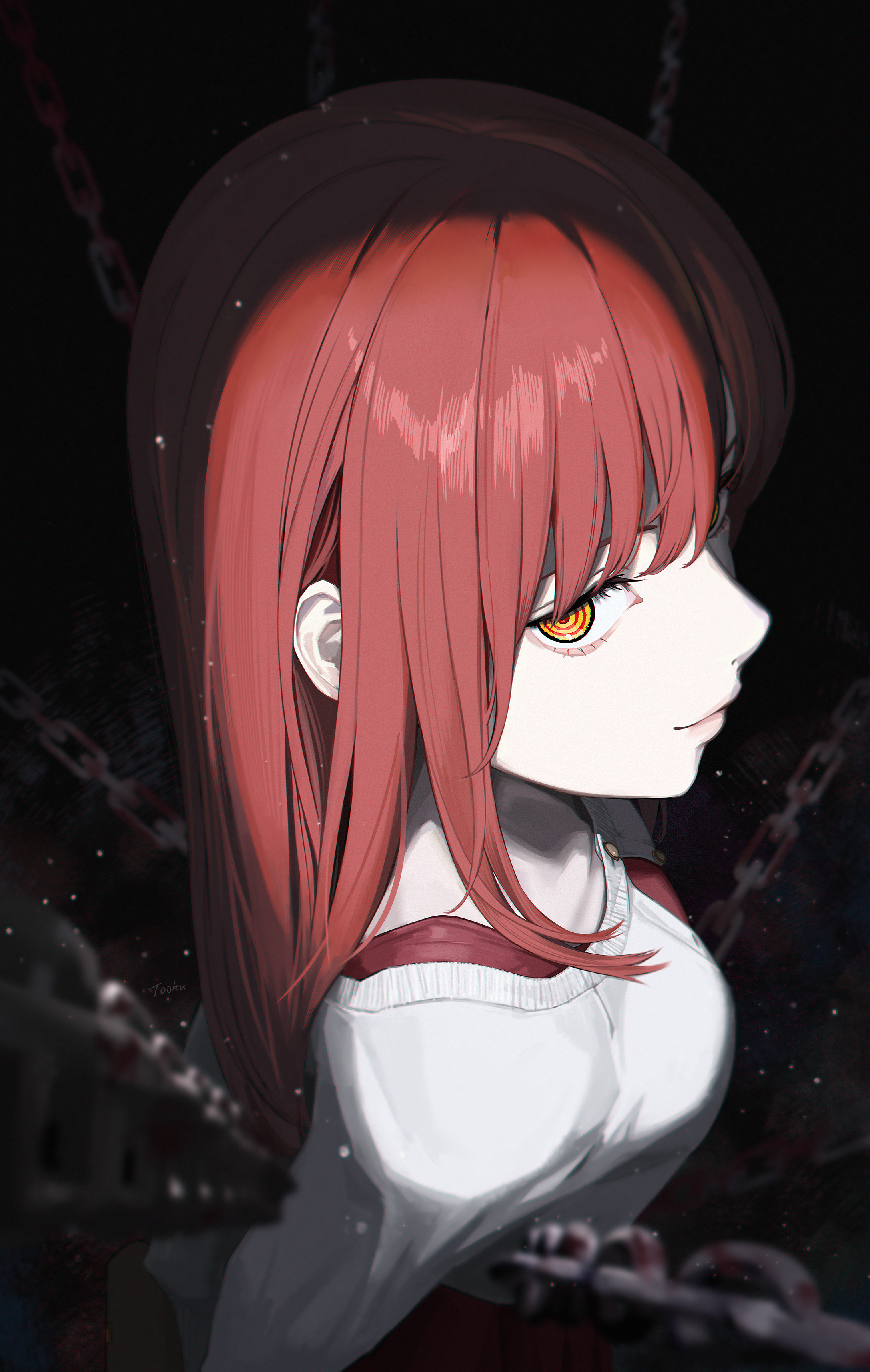 tooku0, makima (chainsaw man), chainsaw man, absurdres, highres, 1girl, alternate costume, arms behind back, breasts, chain, closed mouth, dark background, from above, long hair, looking at viewer, medium breasts, red hair, ringed eyes, shirt, smile, solo, white shirt
