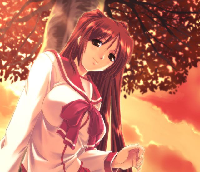 kousaka tamaki, to heart (series), to heart 2, 00s, 1girl, brown eyes, cloud, female focus, long hair, outdoors, red hair, red sky, school uniform, serafuku, sky, solo, tree