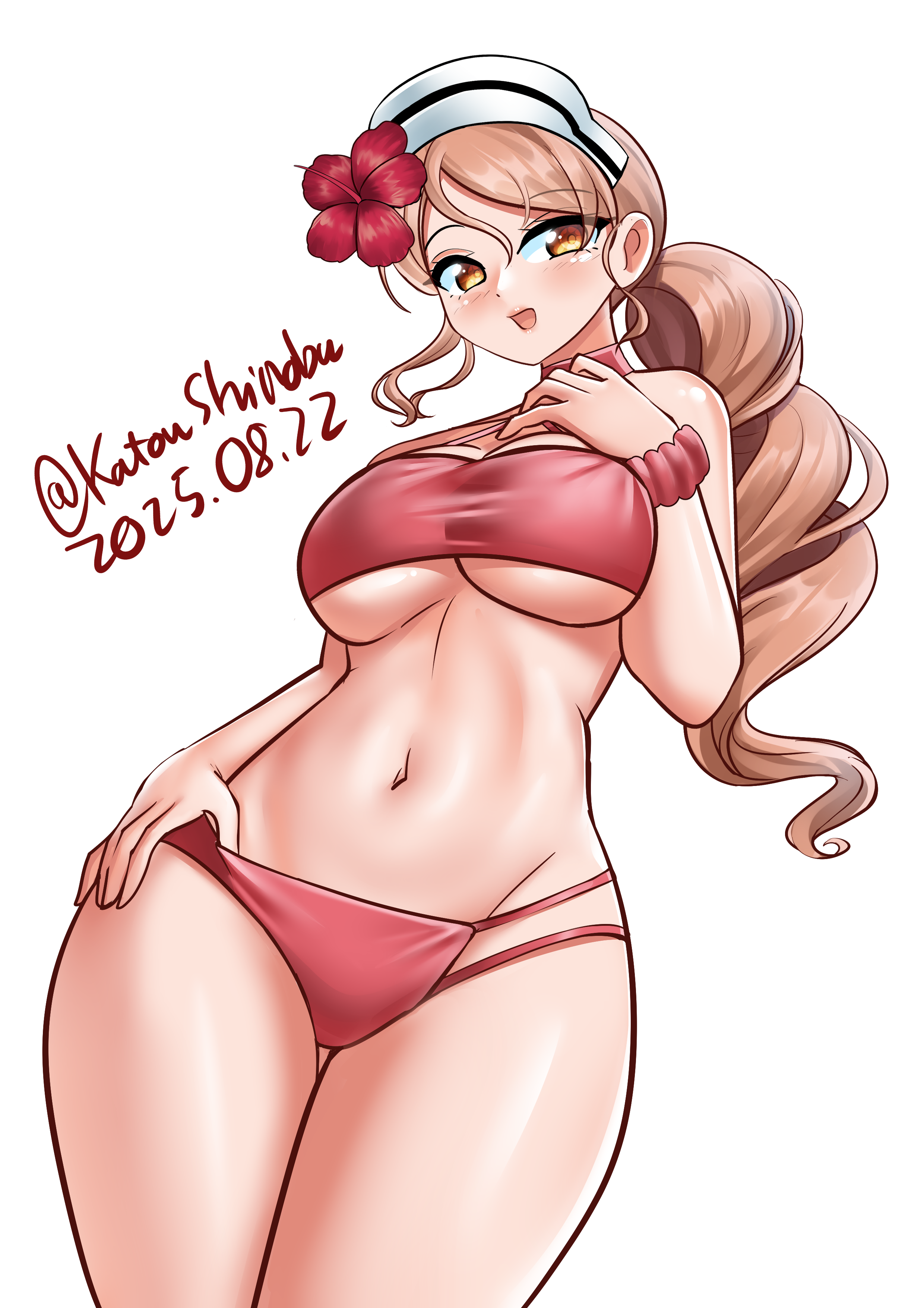 katou shinobu, littorio (kancolle), littorio (swimsuit) (kancolle), kantai collection, absurdres, highres, 1girl, bikini, breasts, brown eyes, brown hair, dated, drill hair, flower, hair flower, hair ornament, hat, headdress, large breasts, long hair, looking at viewer, multi-strapped bikini bottom, navel, one-hour drawing challenge, ponytail, red bikini, simple background, smile, solo, swimsuit, twitter username, wavy hair, white background, white hat